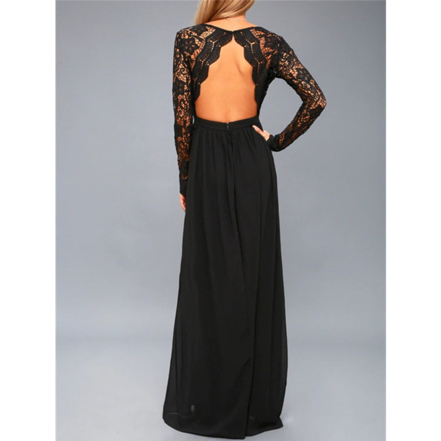 Lace Detail Backless Long Sleeve Maxi Dress Apparel and Accessories