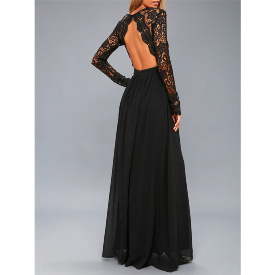 Lace Detail Backless Long Sleeve Maxi Dress Apparel and Accessories