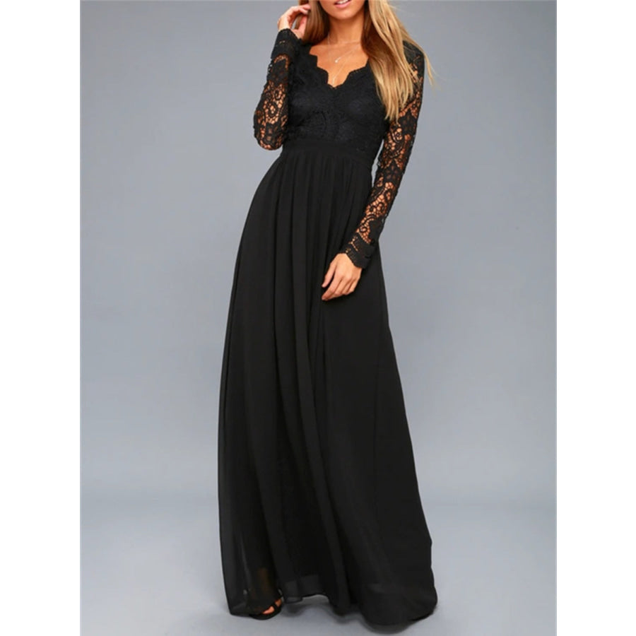 Lace Detail Backless Long Sleeve Maxi Dress Black / S Apparel and Accessories