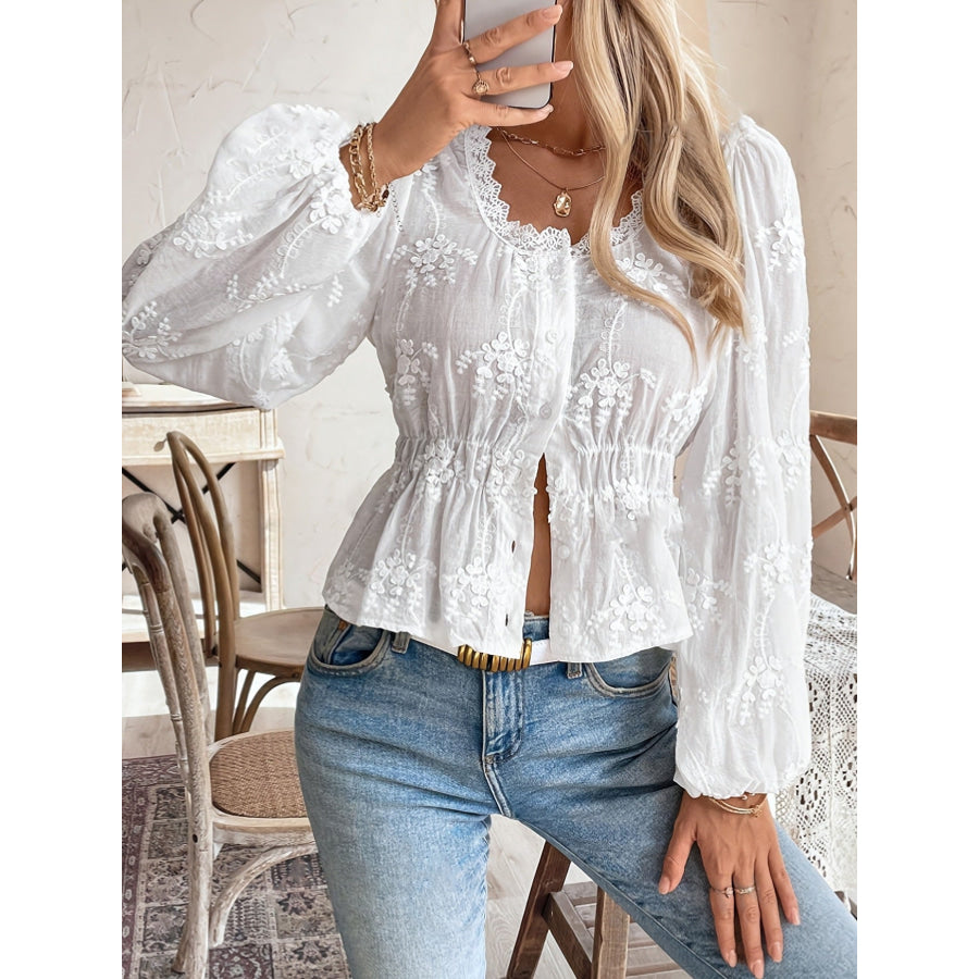 Lace Detail Balloon Sleeve Shirt White / S Apparel and Accessories