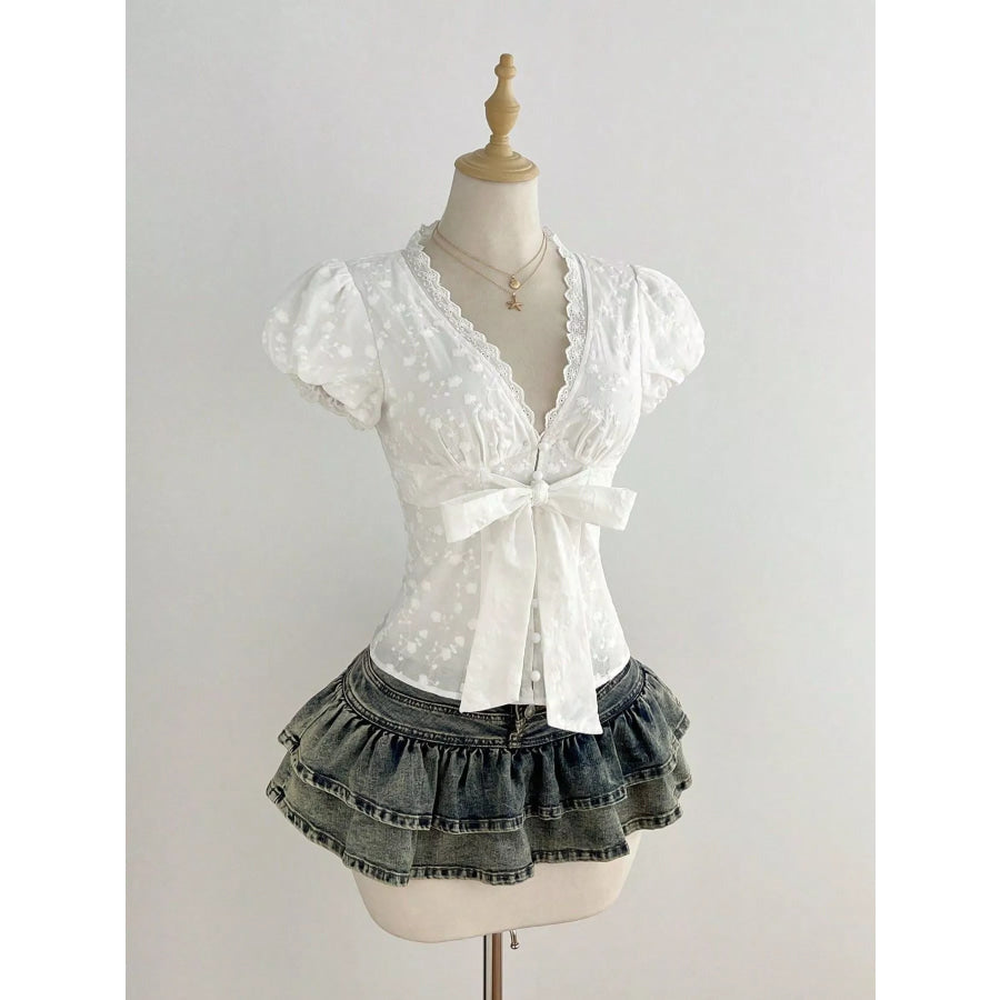Lace Detail Bow Front Blouse White / S Apparel and Accessories