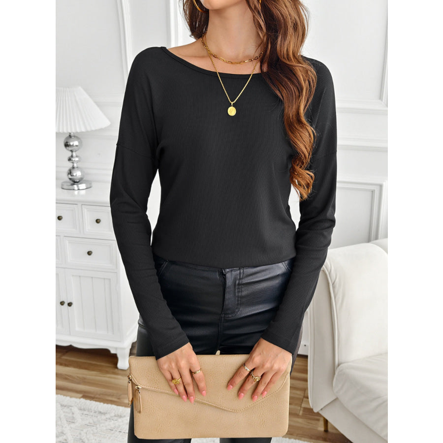 Lace Detail Butterfly Back Round Neck Long Sleeve T-Shirt Black / S Apparel and Accessories