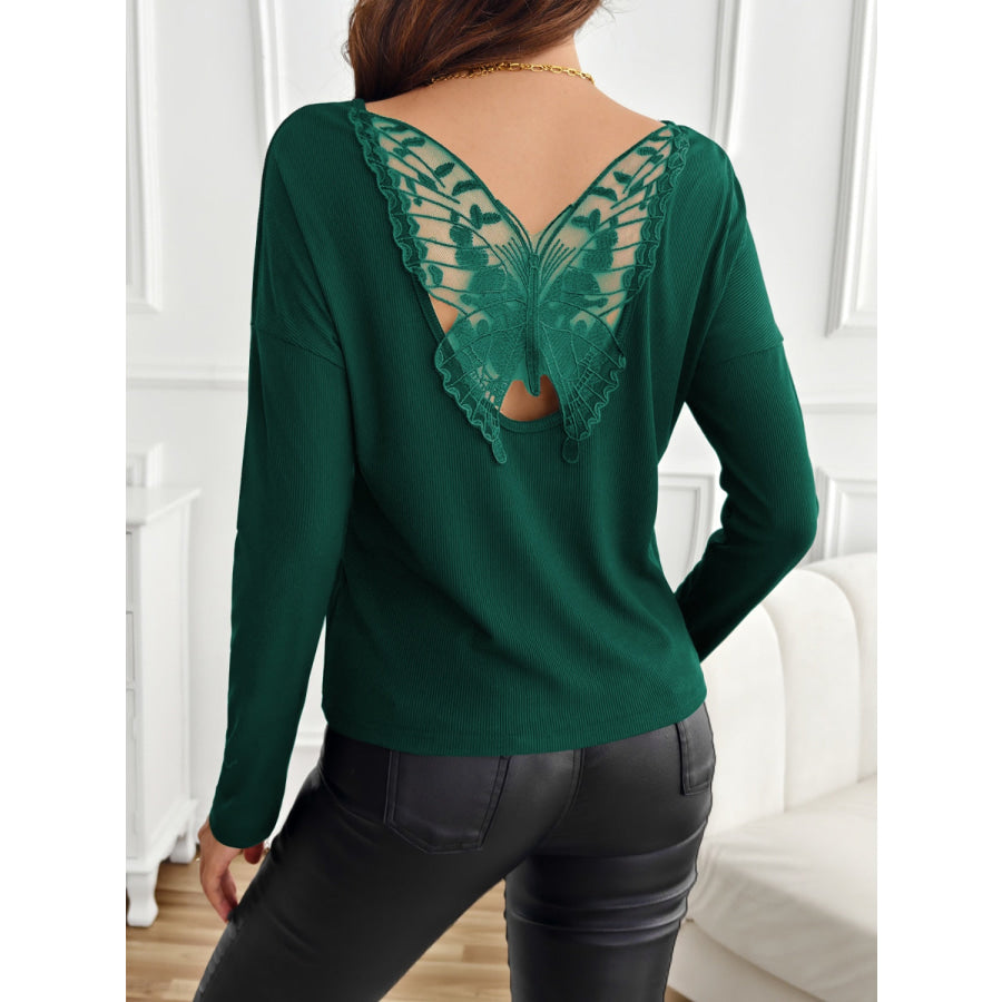 Lace Detail Butterfly Back Round Neck Long Sleeve T-Shirt Dark Green / S Apparel and Accessories