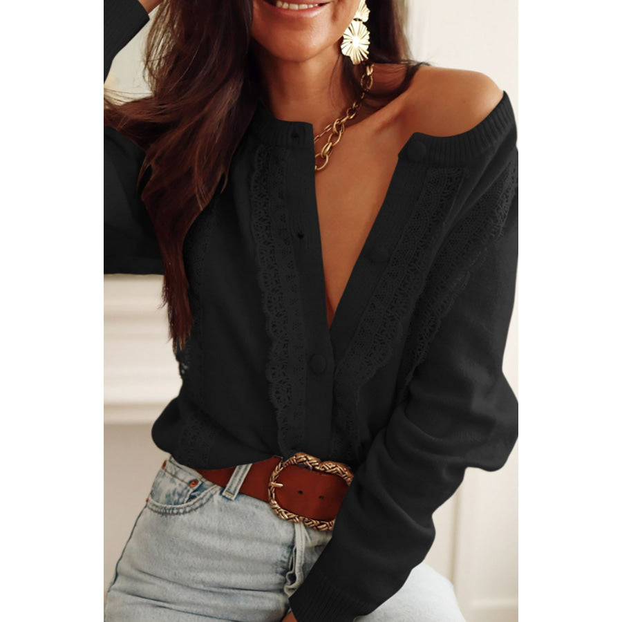 Lace Detail Button Down Long Sleeve Cardigan Black / S Apparel and Accessories