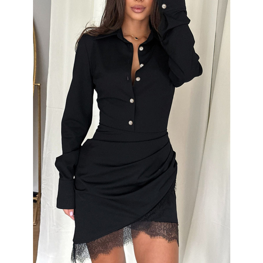 Lace Detail Button Front Long Sleeve Dress Black / XS Apparel and Accessories