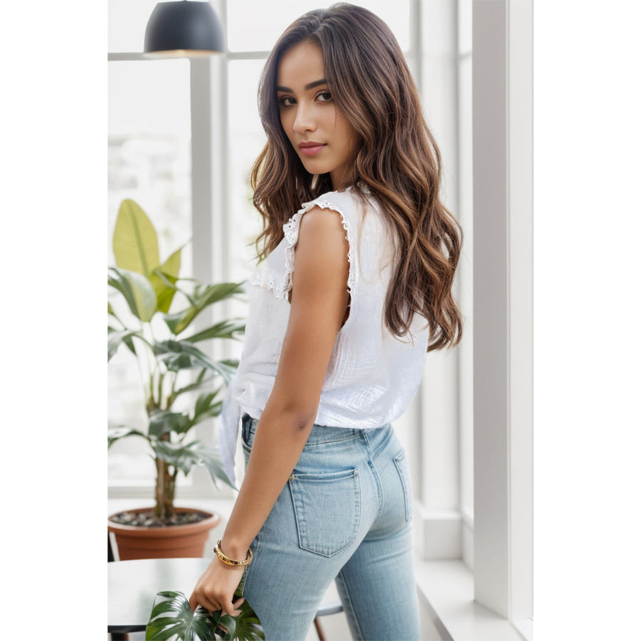 Lace Detail Button Up Sleeveless Shirt Apparel and Accessories