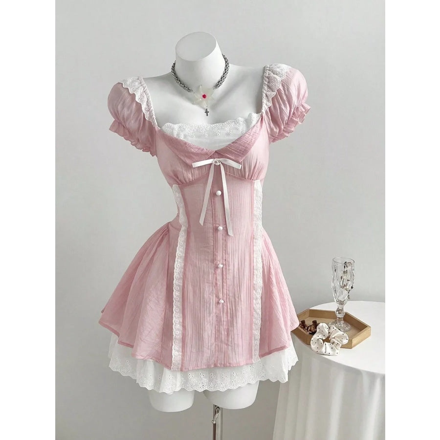 Lace Detail Cap Sleeve Dress Pink / S Apparel and Accessories