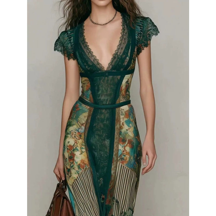 Lace Detail Cap Sleeve Maxi Dress Green / XS Apparel and Accessories