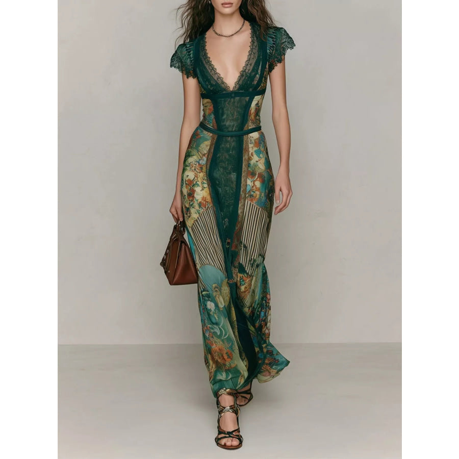 Lace Detail Cap Sleeve Maxi Dress Green / XS Apparel and Accessories