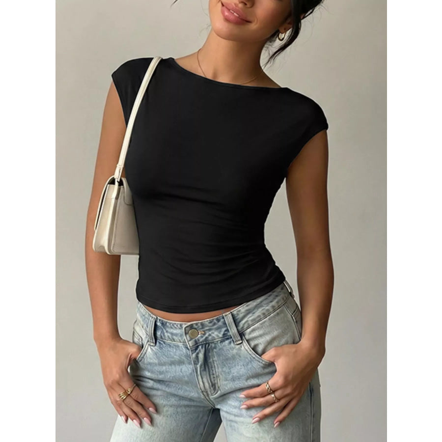 Lace Detail Cap-Sleeve T-Shirt Black / S Apparel and Accessories