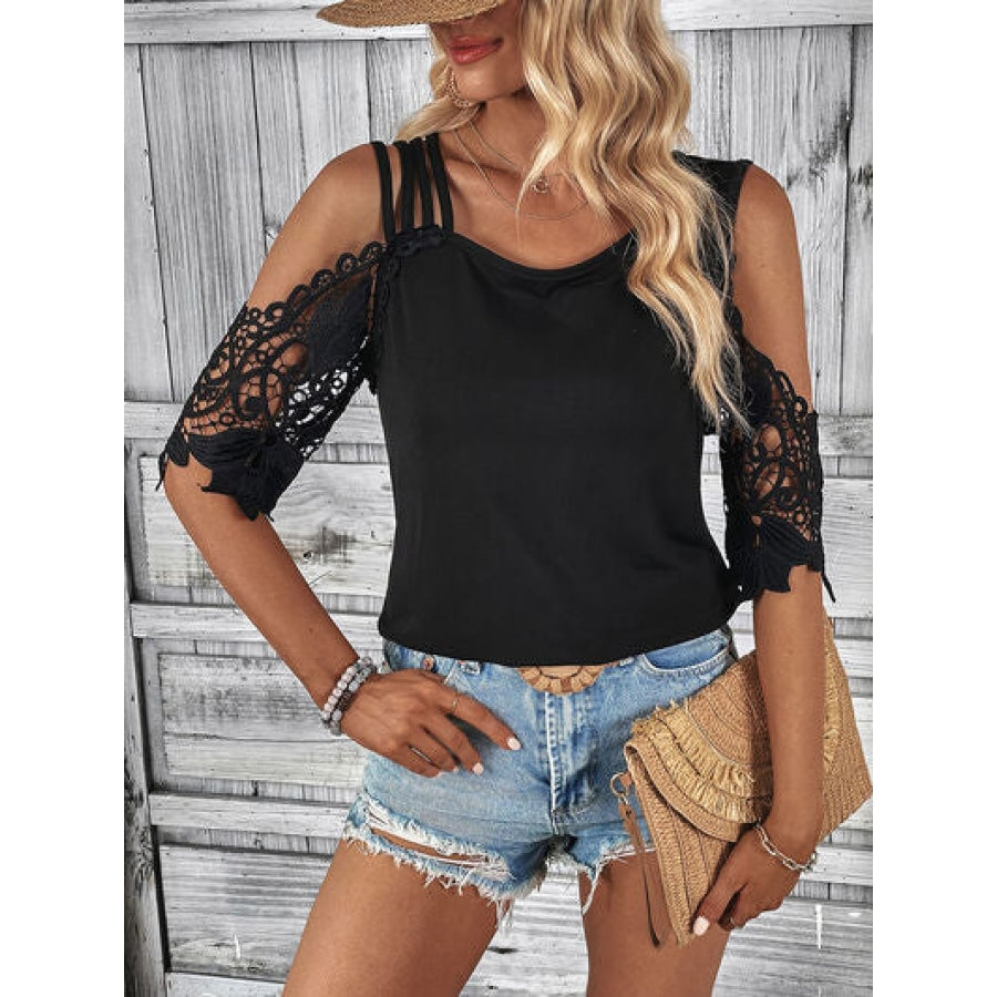 Lace Detail Cold Shoulder Blouse Black / S Apparel and Accessories