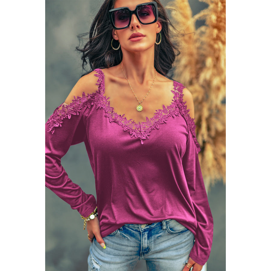 Lace Detail Cold Shoulder Long Sleeve T - Shirt Apparel and Accessories
