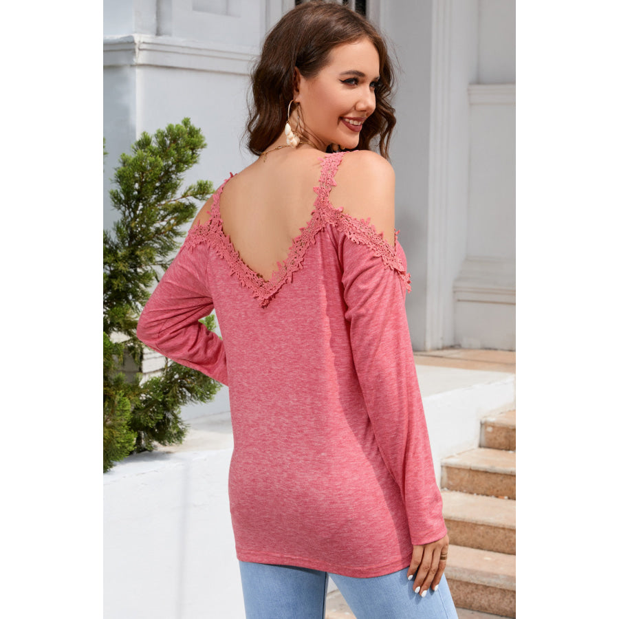 Lace Detail Cold Shoulder Long Sleeve T - Shirt Apparel and Accessories