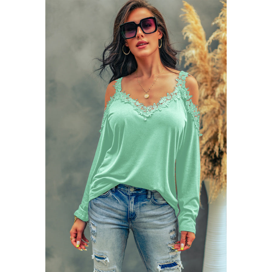 Lace Detail Cold Shoulder Long Sleeve T - Shirt Apparel and Accessories