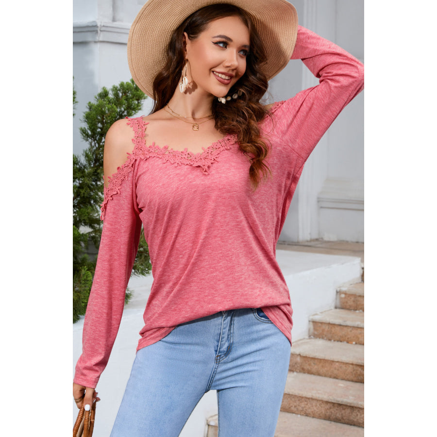 Lace Detail Cold Shoulder Long Sleeve T - Shirt Apparel and Accessories