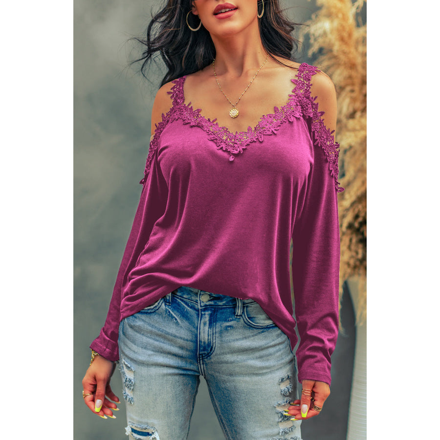 Lace Detail Cold Shoulder Long Sleeve T - Shirt Fuchsia / S Apparel and Accessories