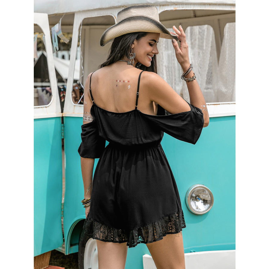 Lace Detail Cold Shoulder Romper Black / S Apparel and Accessories