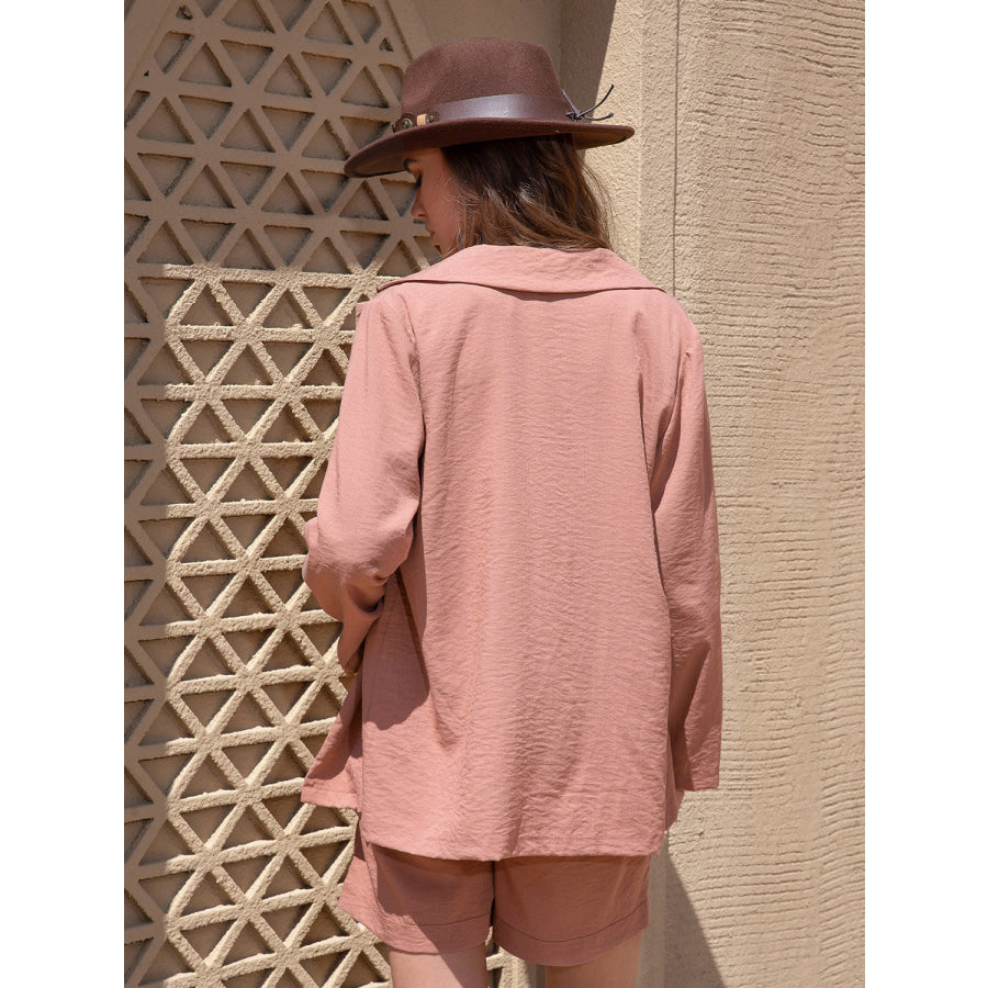 Lace Detail Collared Neck Long Sleeve Top and Shorts Set Dusty Pink / S Apparel and Accessories