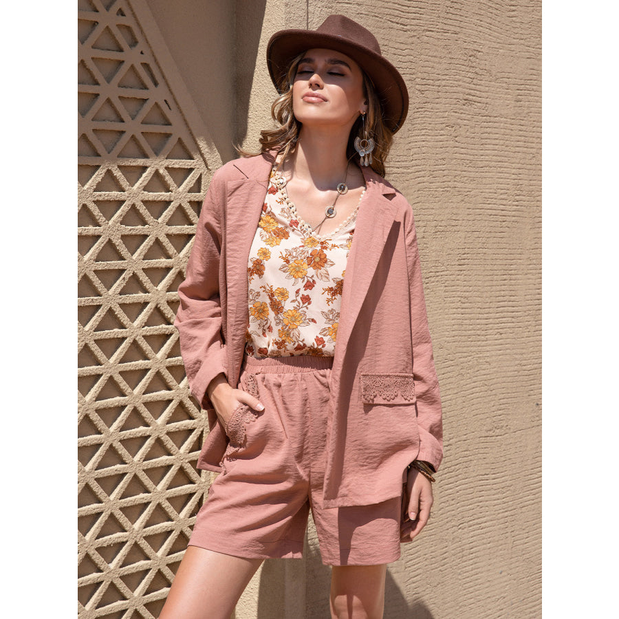 Lace Detail Collared Neck Long Sleeve Top and Shorts Set Dusty Pink / S Apparel and Accessories