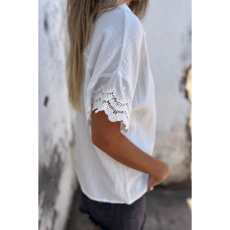 Lace Detail Collared Neck Short Sleeve Blouse Apparel and Accessories