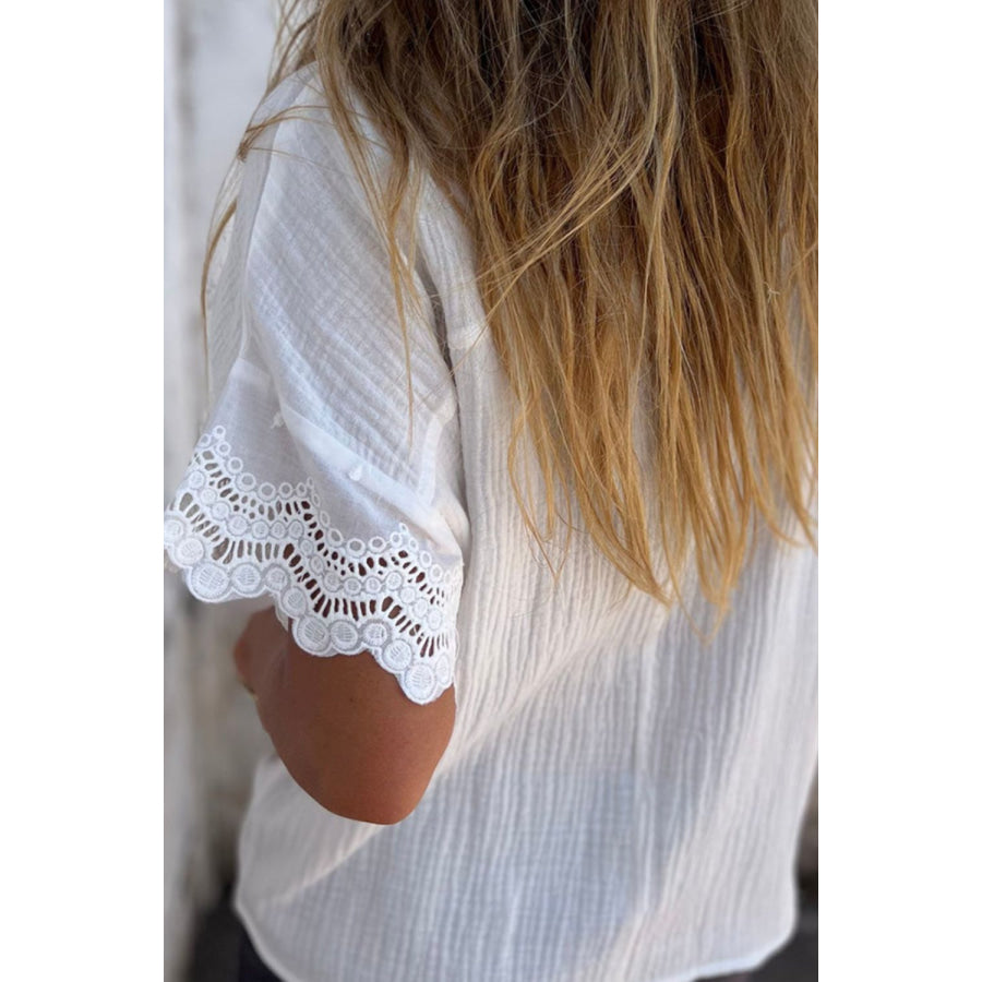 Lace Detail Collared Neck Short Sleeve Blouse Apparel and Accessories