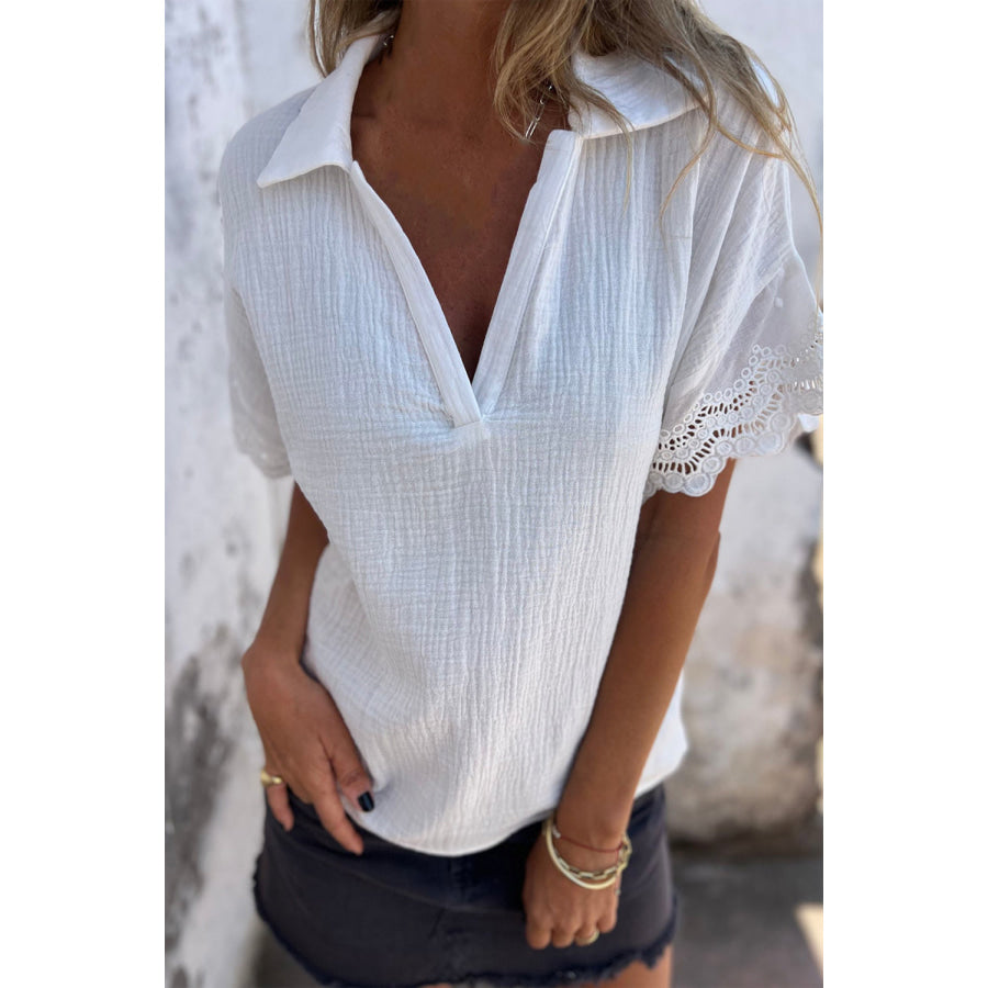 Lace Detail Collared Neck Short Sleeve Blouse White / S Apparel and Accessories