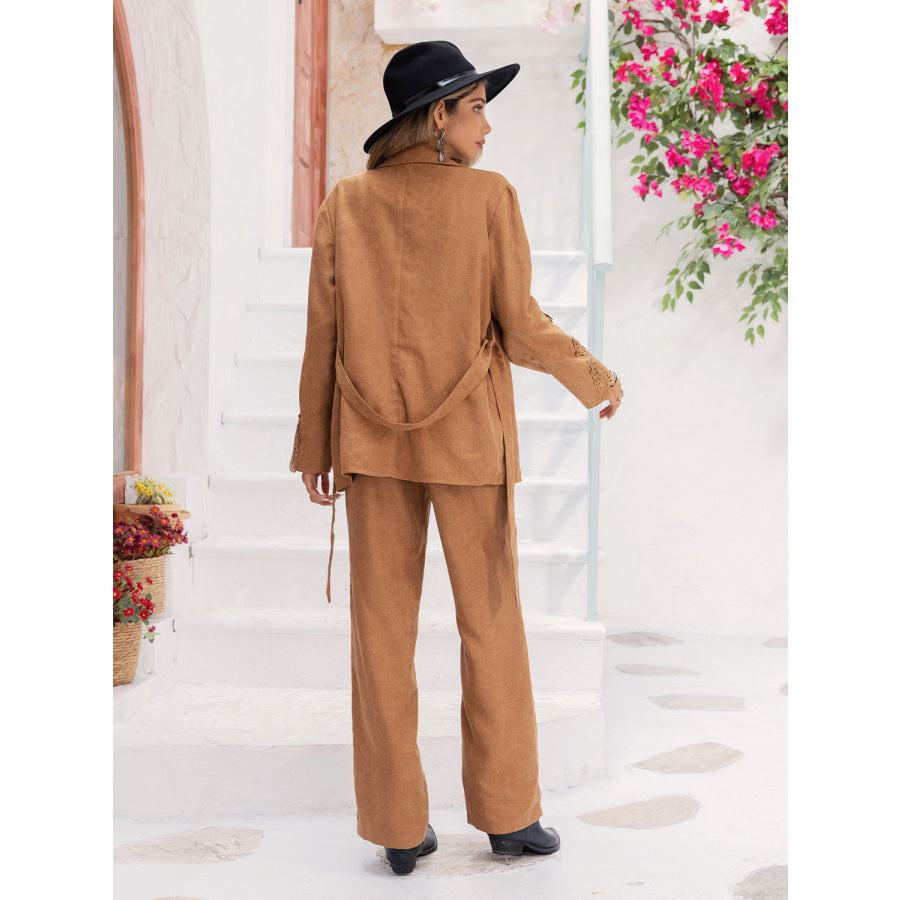 Lace Detail Collared Neck Top and Pants Set Tan / S Apparel and Accessories