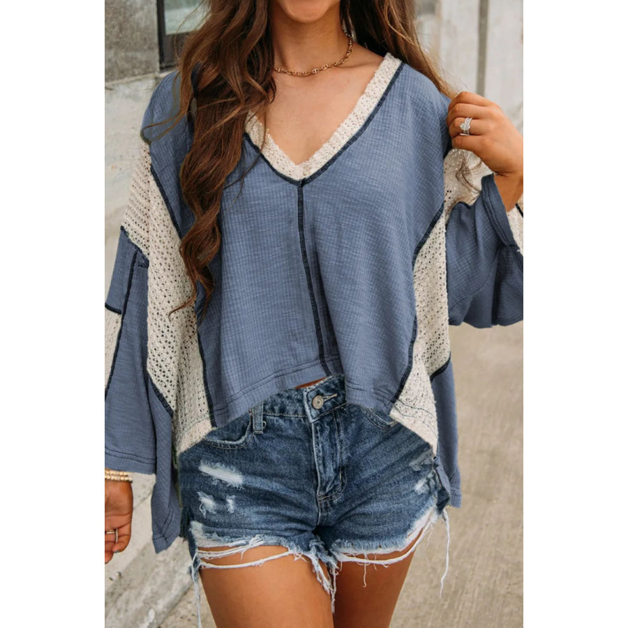 Lace Detail Contrast V-Neck Long Sleeve Blouse Dusty Blue / XL Apparel and Accessories