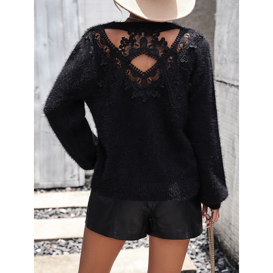 Lace Detail Cutout Long Sleeve Pullover Sweater Black / S