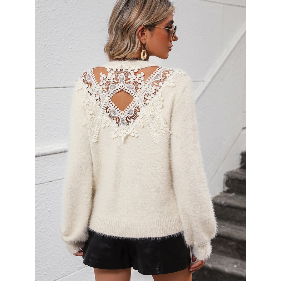 Lace Detail Cutout Long Sleeve Pullover Sweater Ivory / S