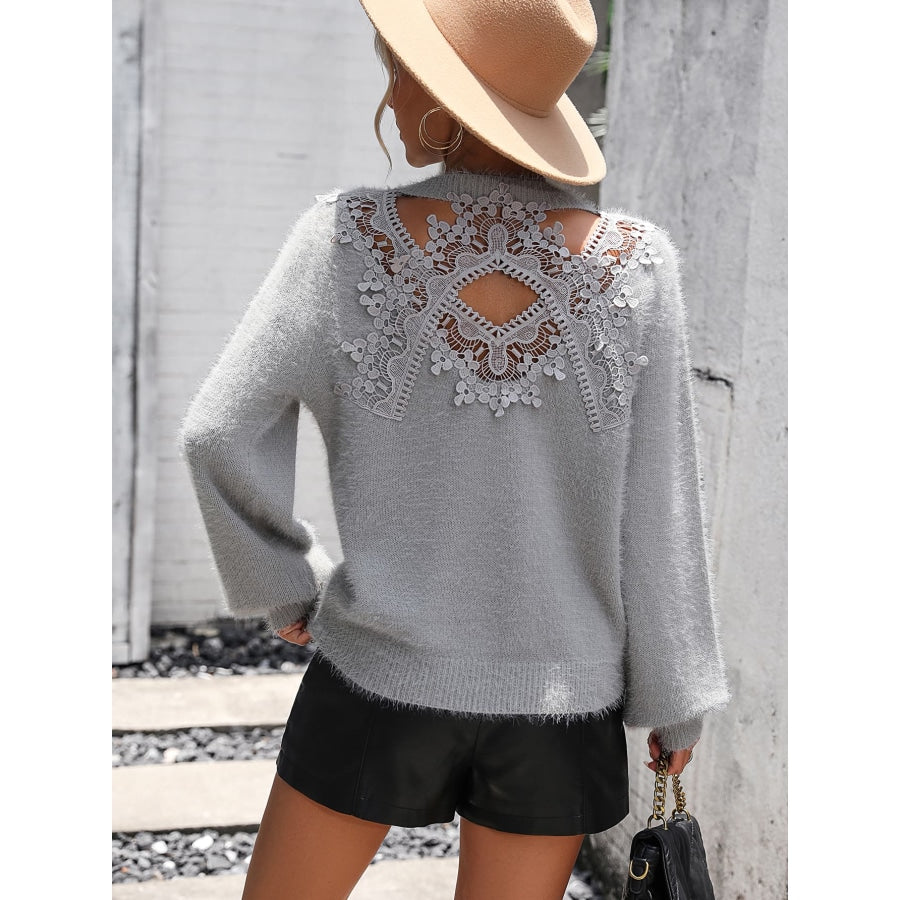 Lace Detail Cutout Long Sleeve Pullover Sweater Light Gray / S