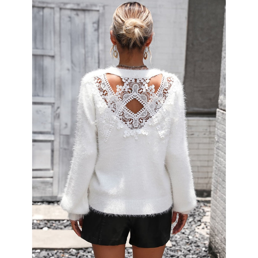 Lace Detail Cutout Long Sleeve Pullover Sweater White / S