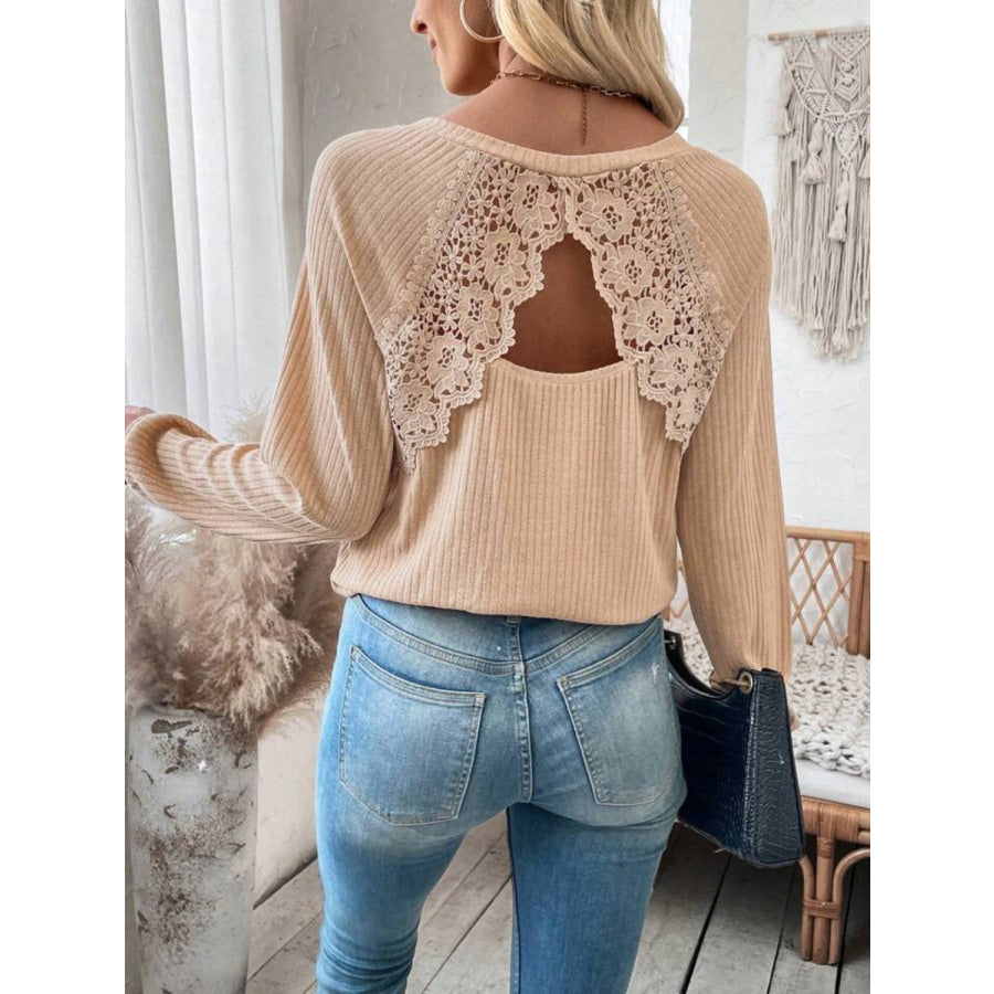 Lace Detail Cutout V-Neck Long Sleeve T-Shirt Tan / S Apparel and Accessories