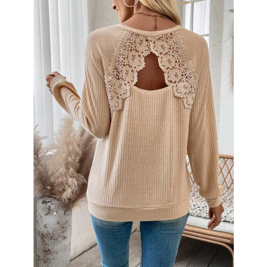 Lace Detail Cutout V-Neck Long Sleeve T-Shirt Tan / S Apparel and Accessories