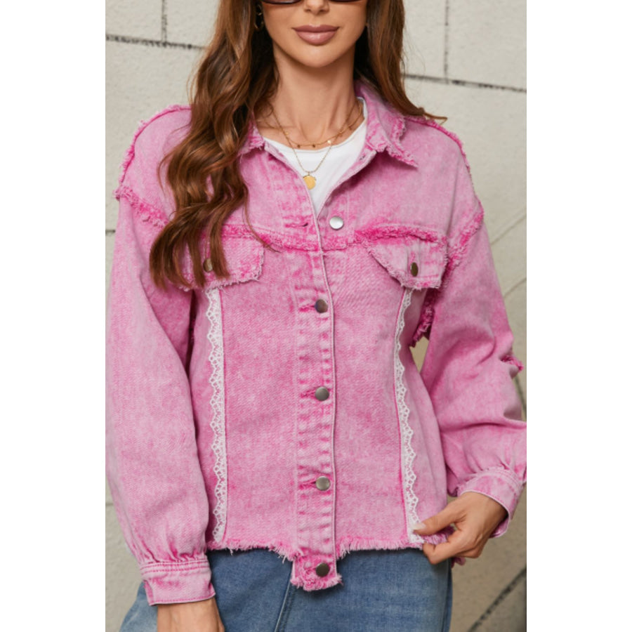 Lace Detail Distressed Button Up Denim Jacket Pink / S Apparel and Accessories