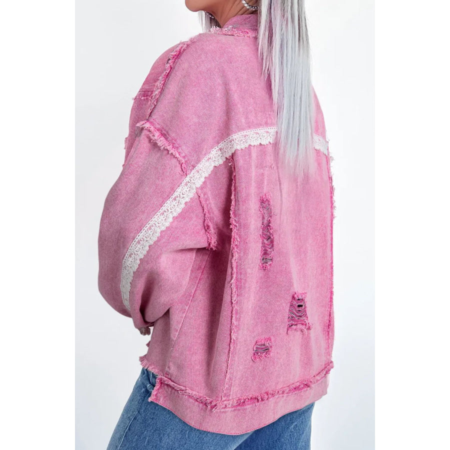 Lace Detail Distressed Raw Hem Long Sleeve Denim Jacket Pink / S Apparel and Accessories