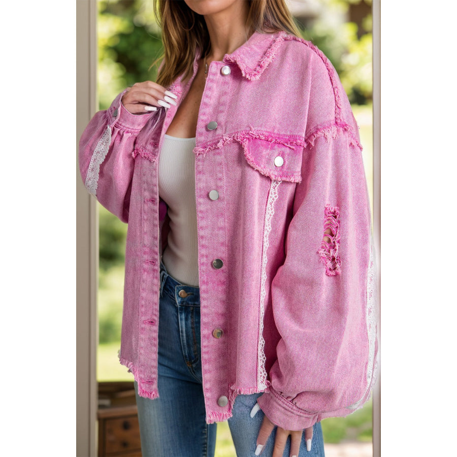 Lace Detail Distressed Raw Hem Long Sleeve Denim Jacket Pink / S Apparel and Accessories