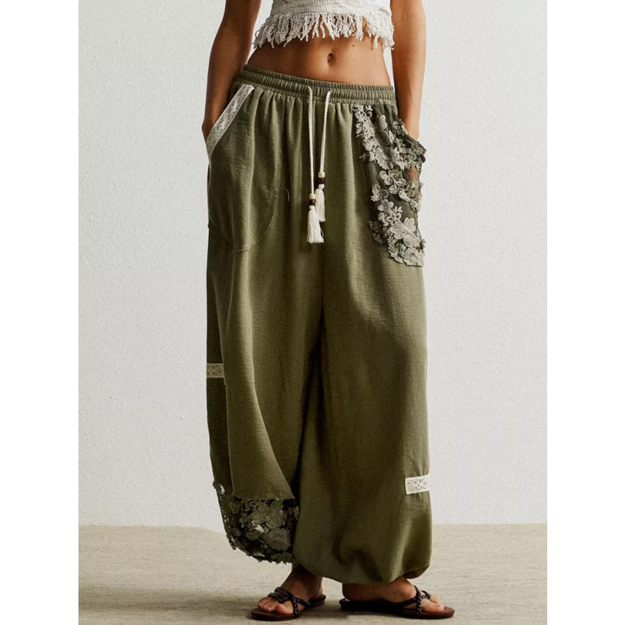 Lace Detail Drawstring Harem Pants Apparel and Accessories