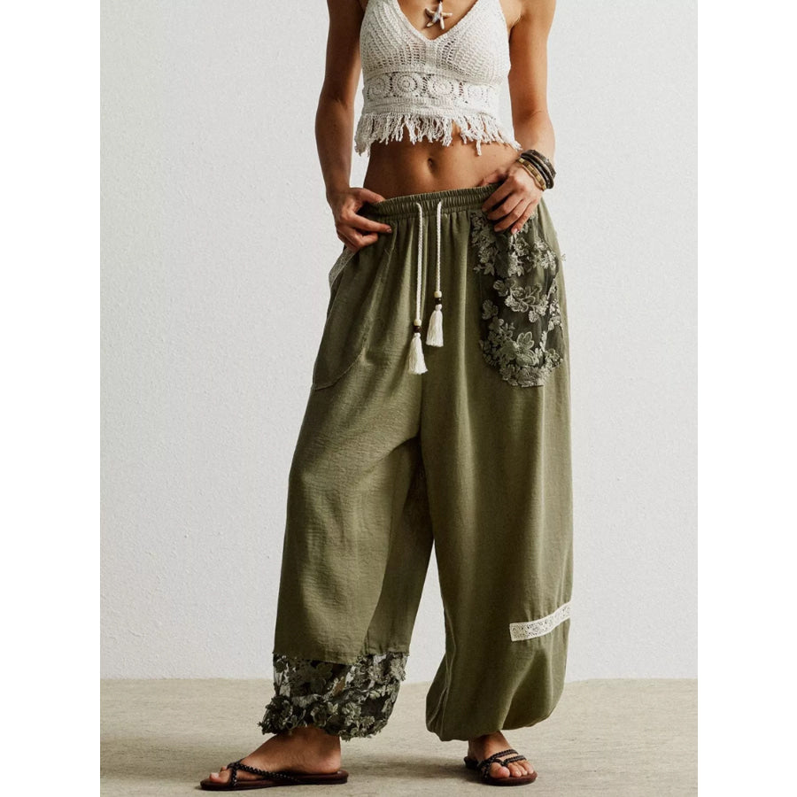 Lace Detail Drawstring Harem Pants Apparel and Accessories