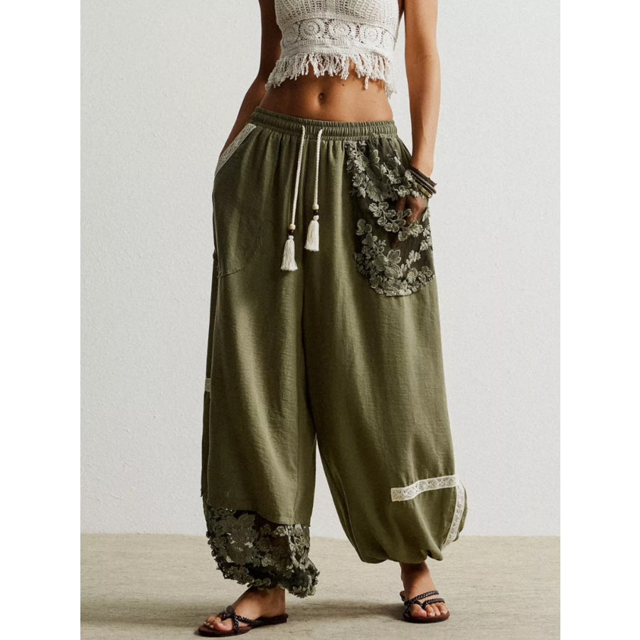 Lace Detail Drawstring Harem Pants Apparel and Accessories