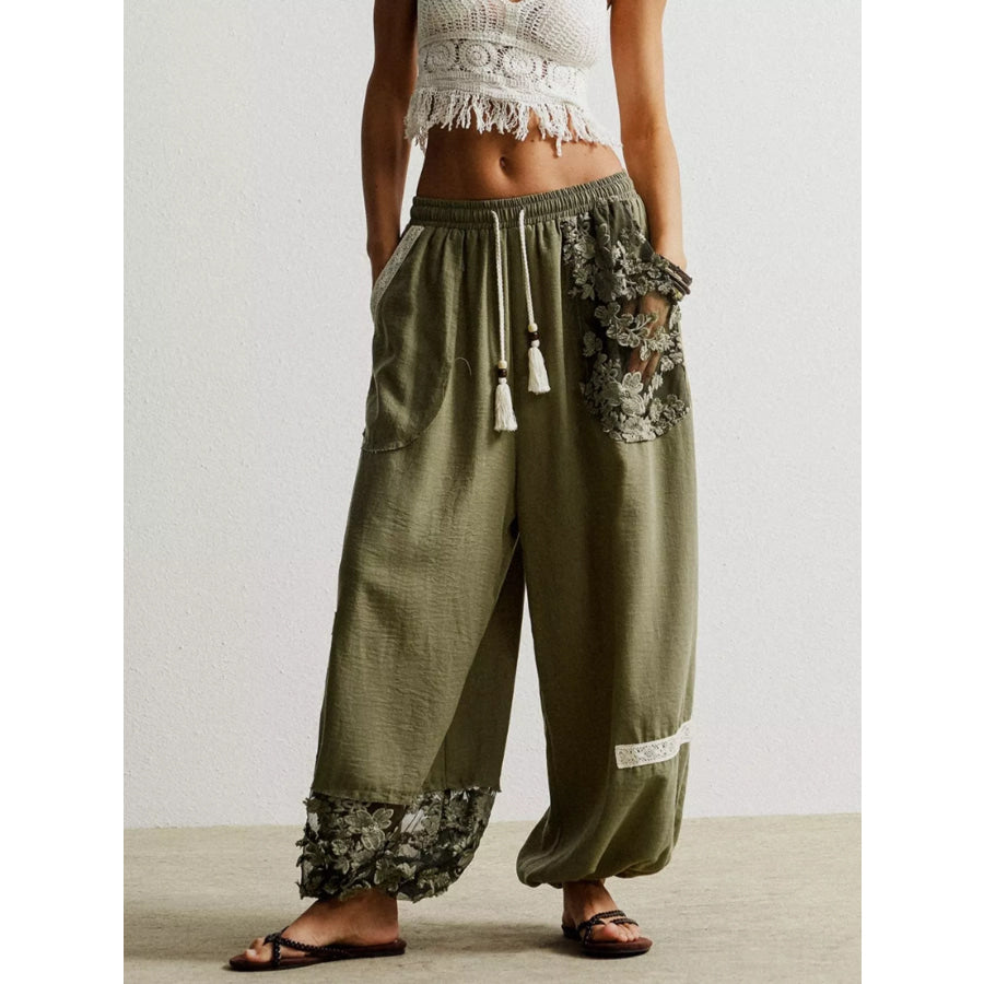 Lace Detail Drawstring Harem Pants Apparel and Accessories