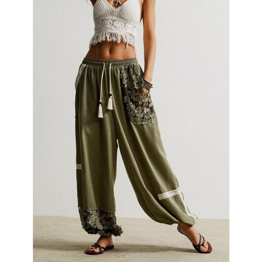 Lace Detail Drawstring Harem Pants Moss / S Apparel and Accessories