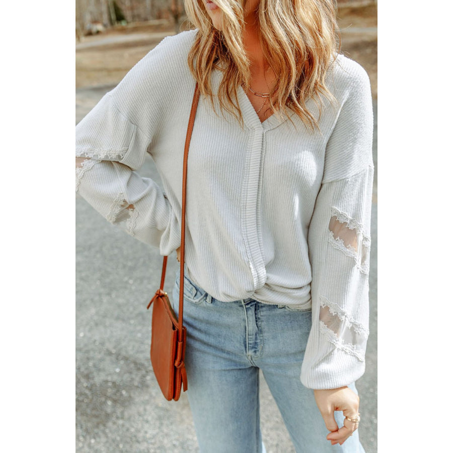 Lace Detail Drop Sleeve Ribbed Top White / S Apparel and Accessories