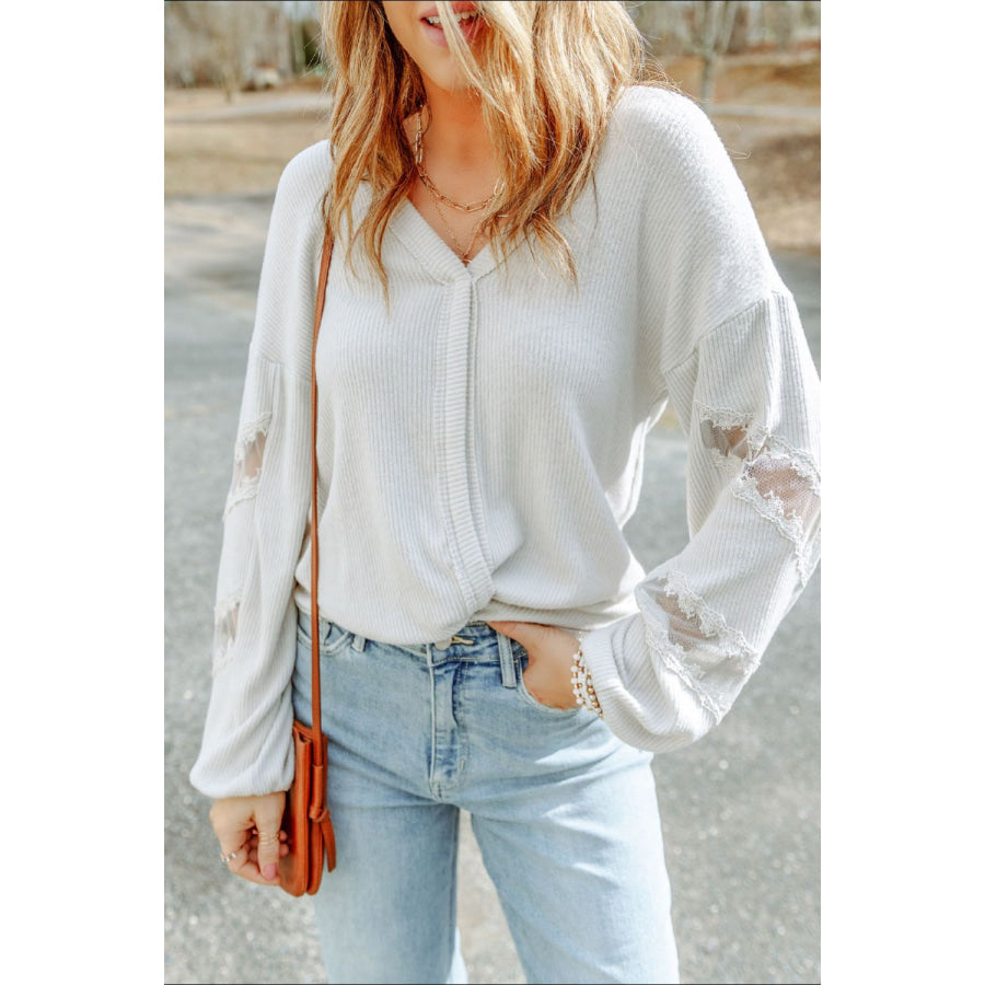 Lace Detail Drop Sleeve Ribbed Top White / S Apparel and Accessories