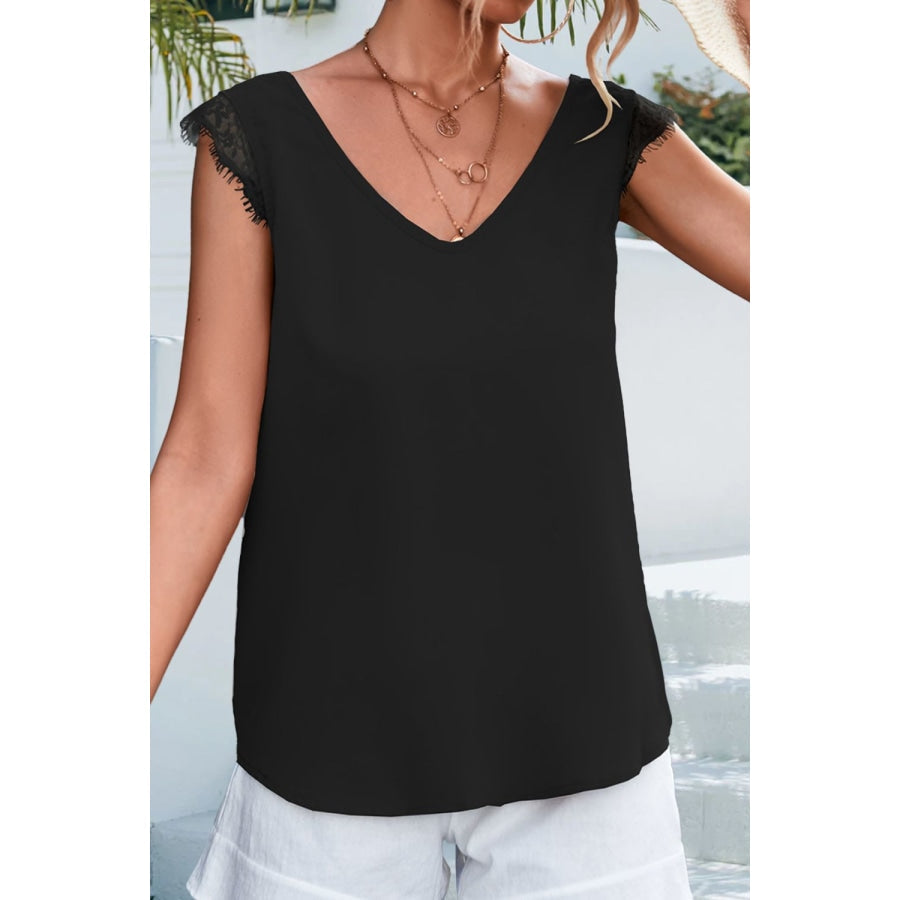 Lace Detail Eyelash Trim V-Neck Tank Black / S