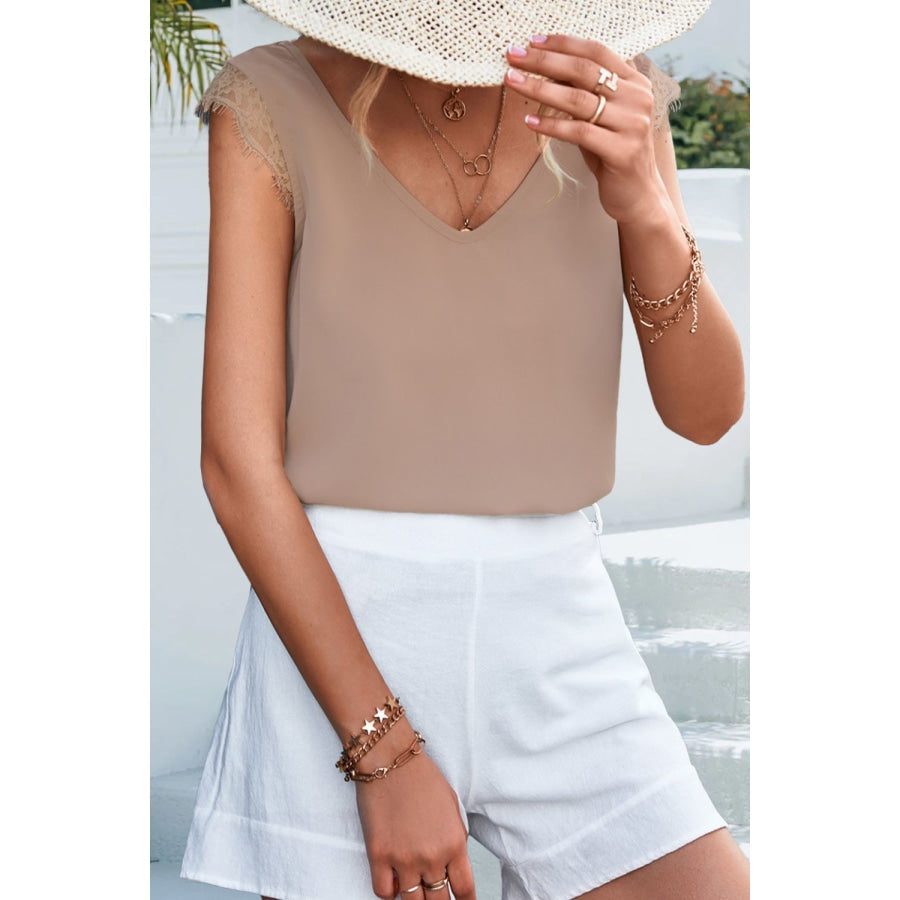 Lace Detail Eyelash Trim V-Neck Tank