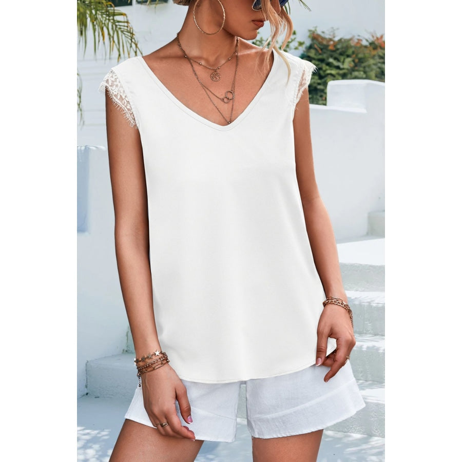 Lace Detail Eyelash Trim V-Neck Tank