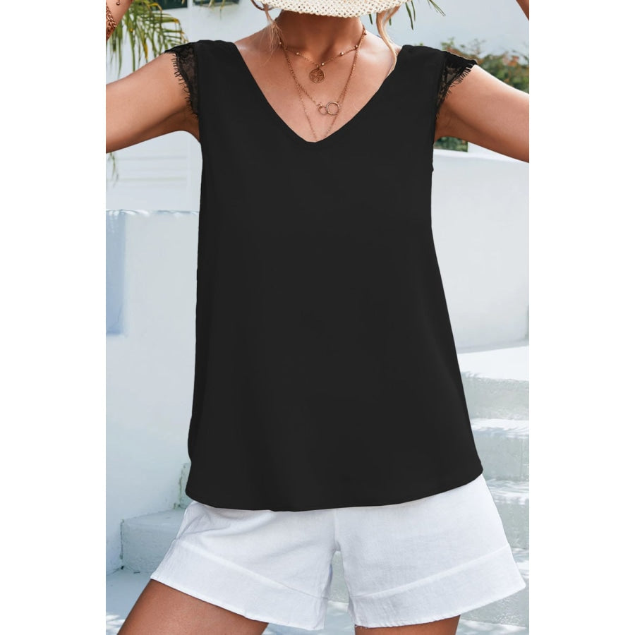 Lace Detail Eyelash Trim V-Neck Tank