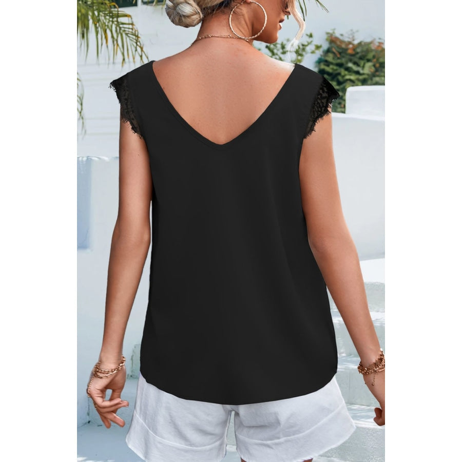 Lace Detail Eyelash Trim V-Neck Tank