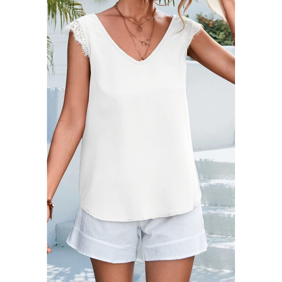 Lace Detail Eyelash Trim V-Neck Tank White / S